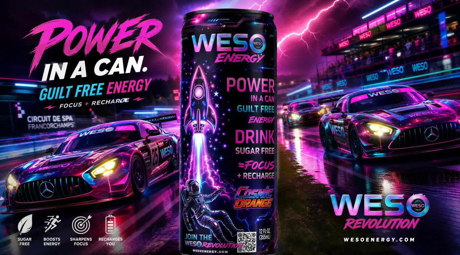 WESO Energy — Mercedes GT race cars at Circuit de Spa with a giant WESO can, 'Power In A Can - Guilt Free Energy'