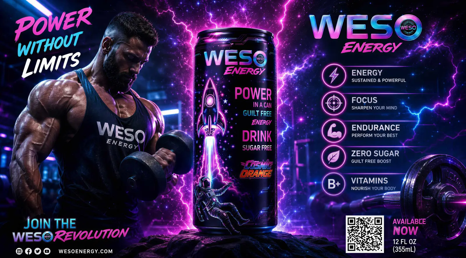 WESO Energy — bodybuilder curling a heavy dumbbell beside a giant WESO can, 'Power Without Limits' with benefits list